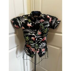 Kid’s Tropical Black Flamingo Print Button-Up Top